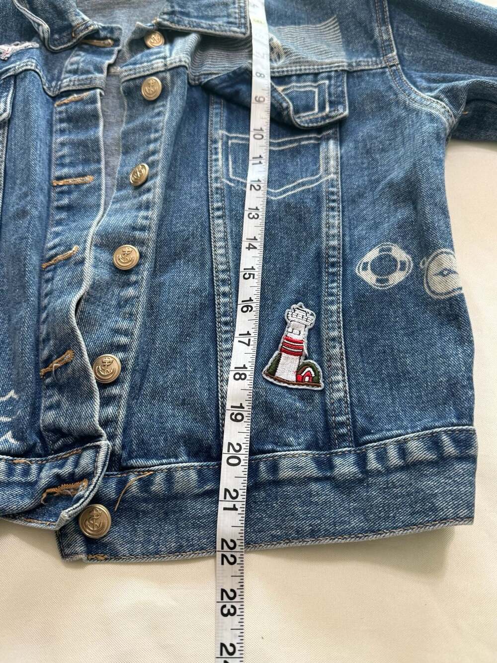 Vintage Inspired Nautical Denim Jacket Patchwork Streetwear Coat - Picture 6 of 10